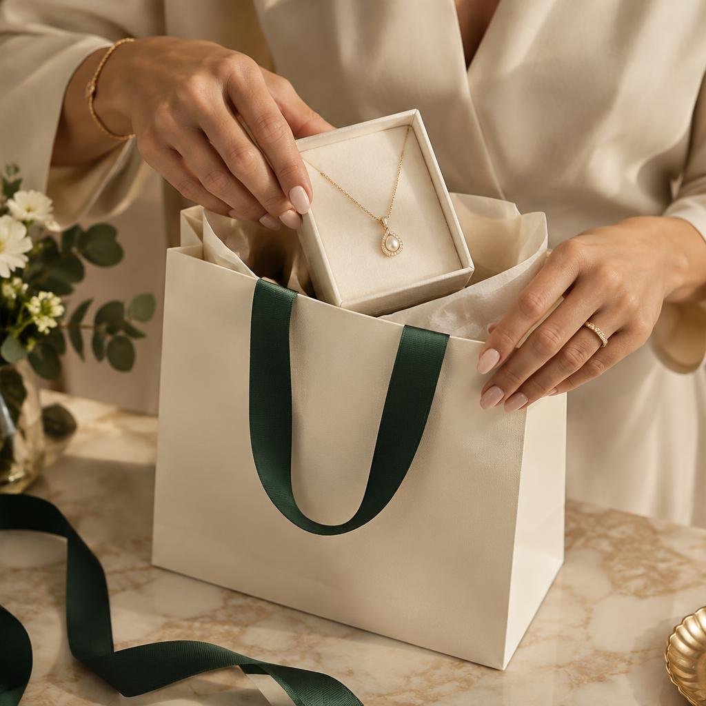 Gold necklace being placed into an elegant shopping bag
