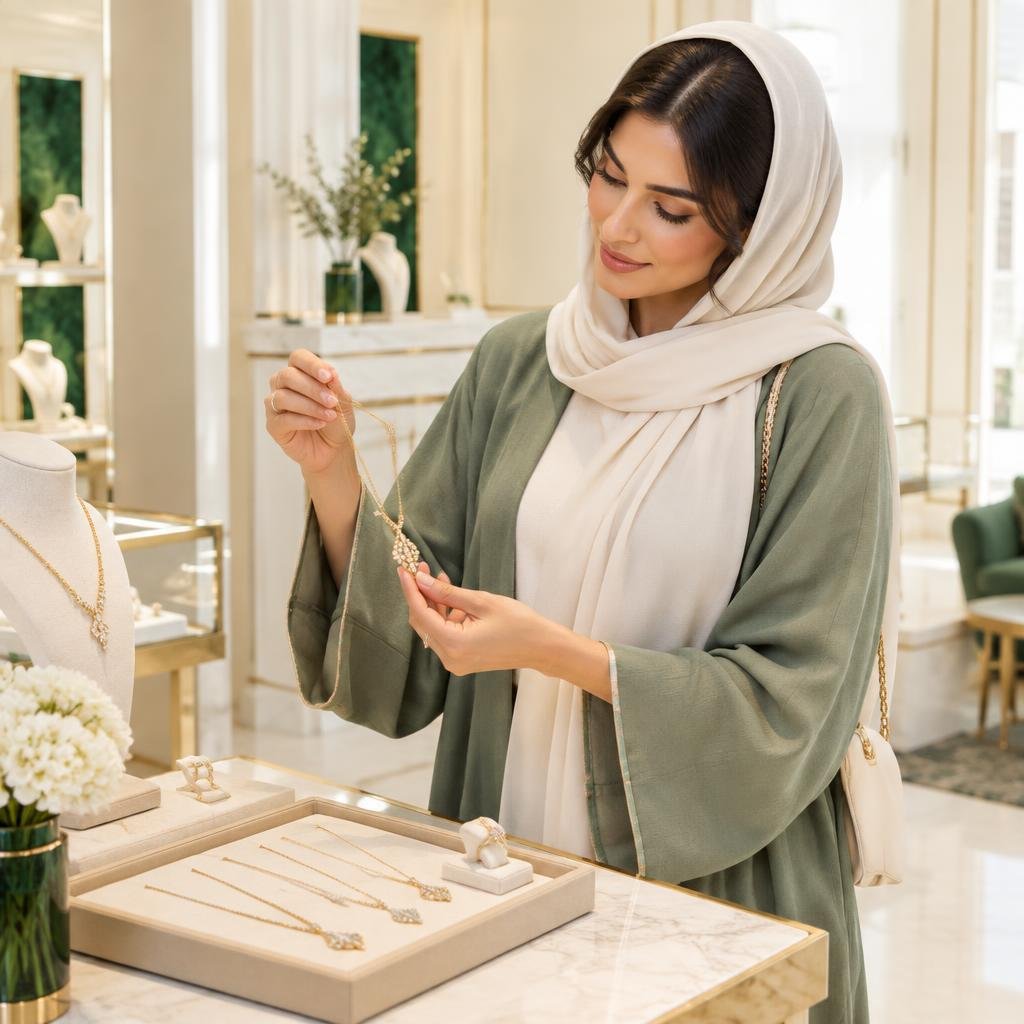 Woman choosing a gold necklace in a bright jewelry boutique